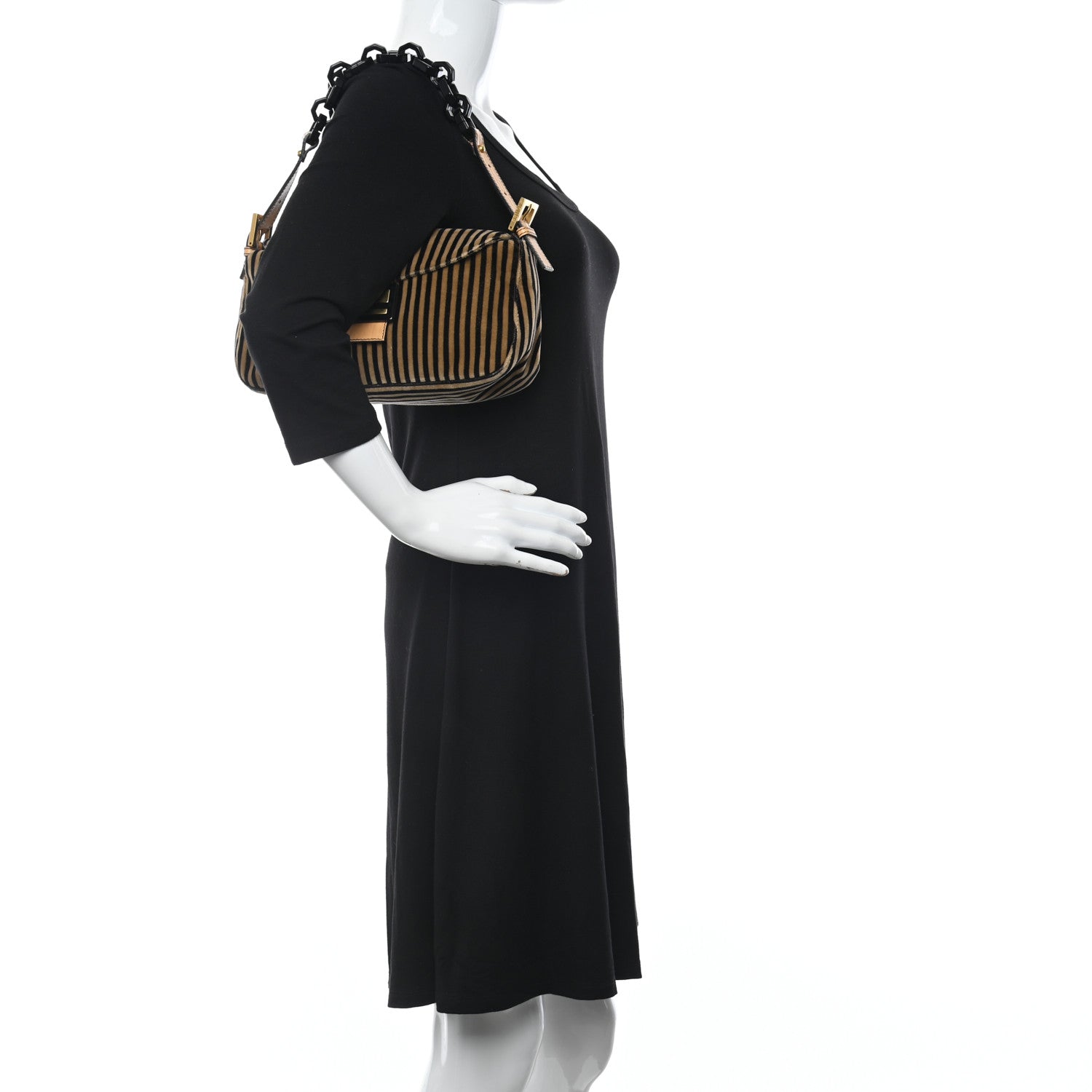Fendi Velvet Striped Baguette Black Beige 2 of 11