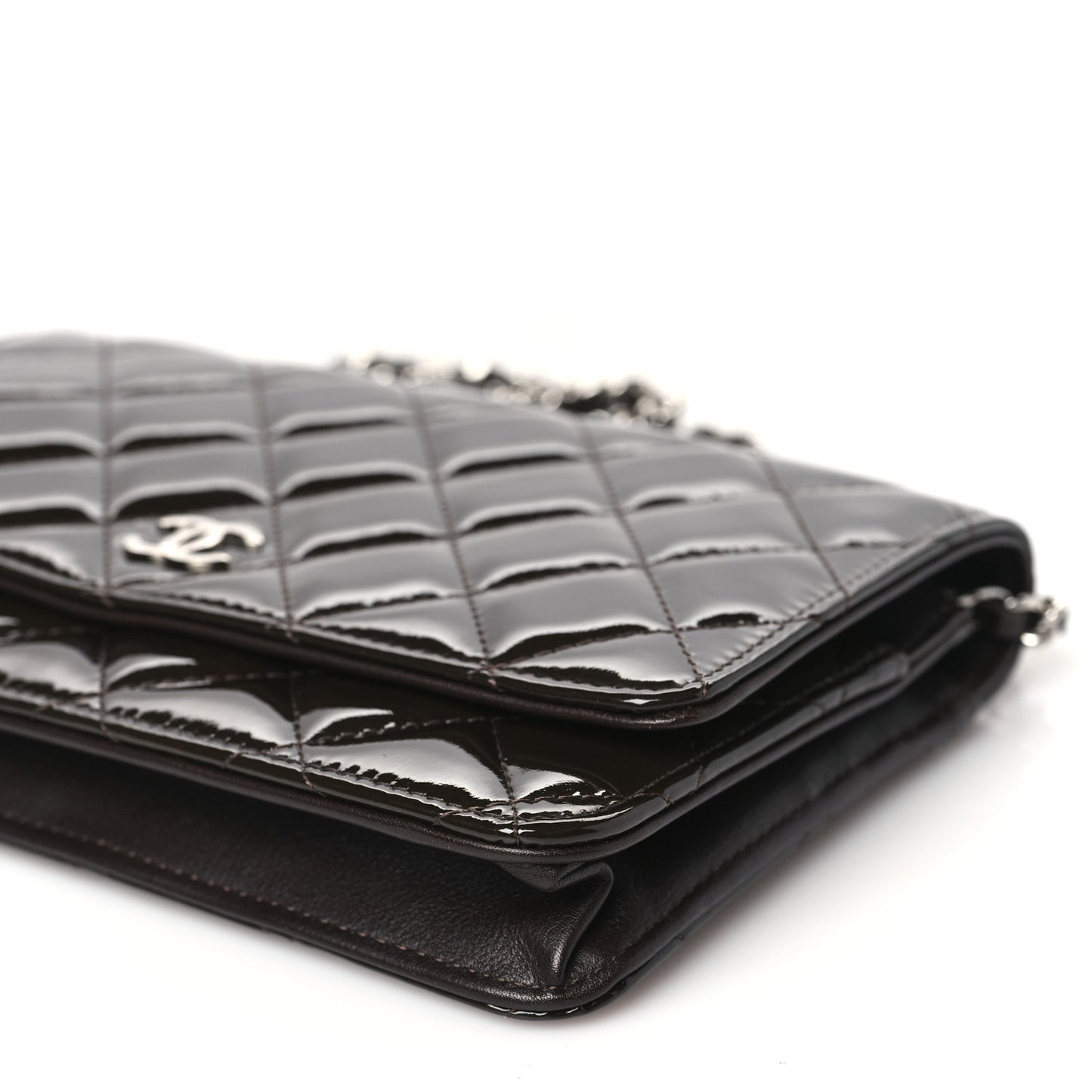 Patent Quilted Wallet On Chain WOC Dark Brown