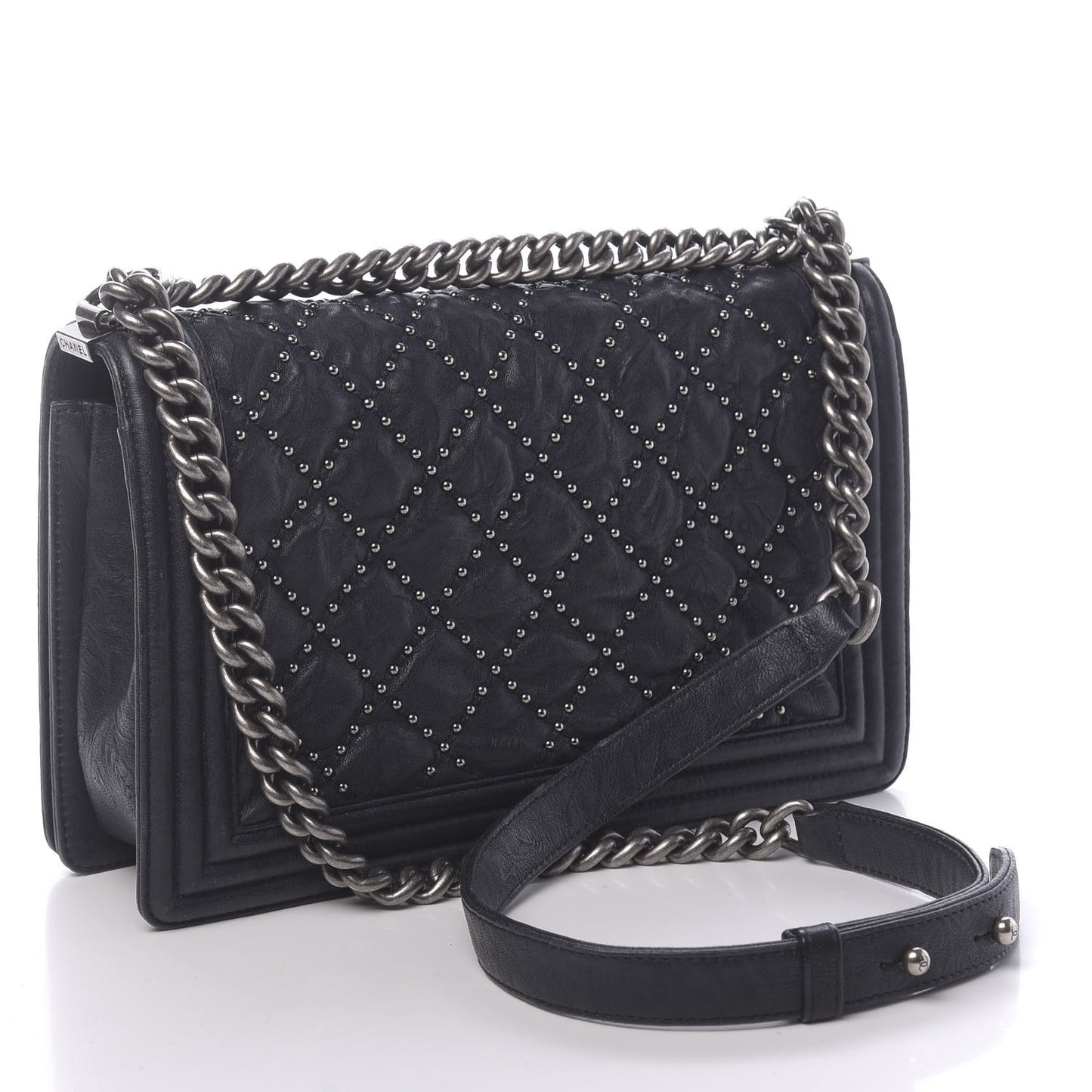 Crumpled Lambskin New Medium Studded Boy Flap Navy