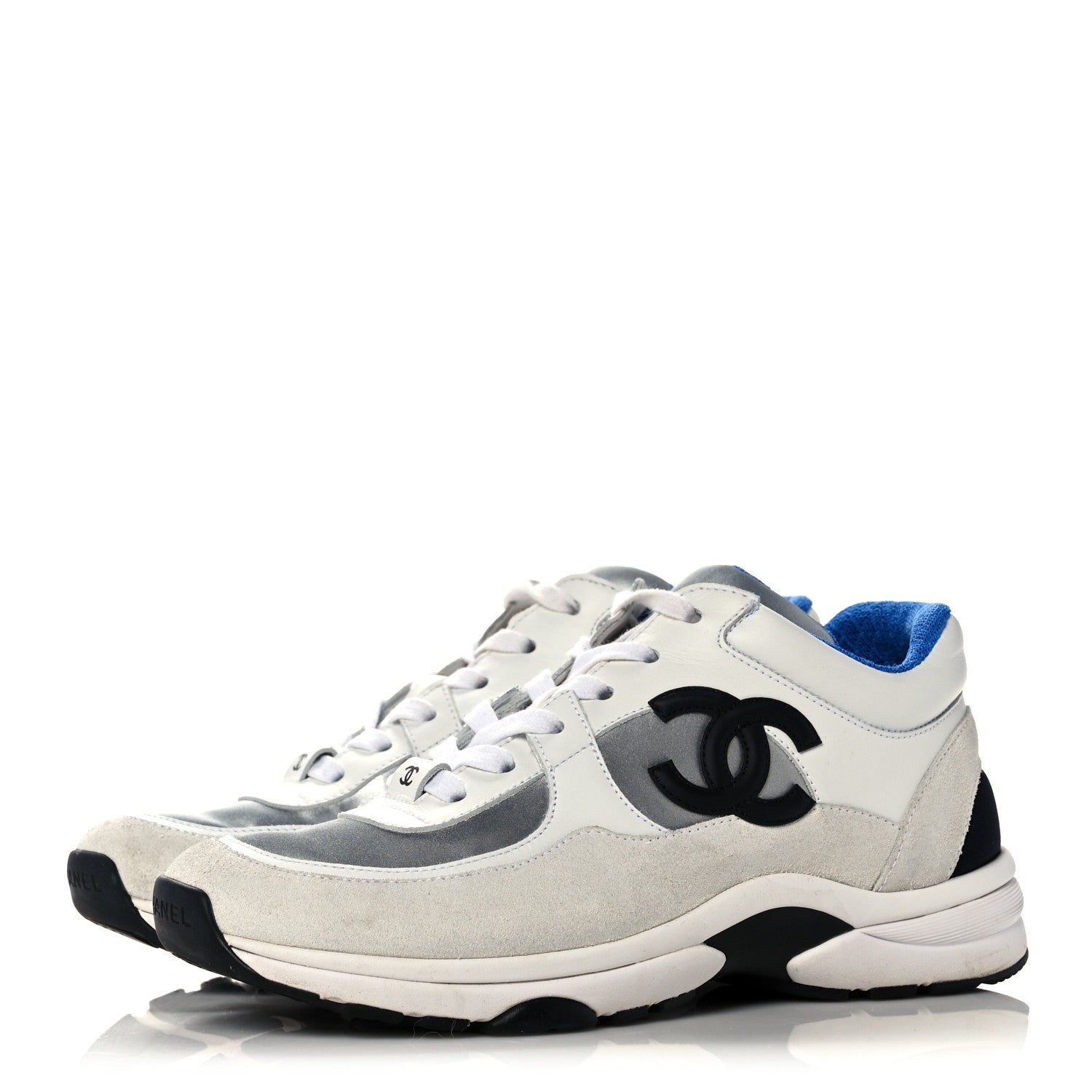Chanel Calfskin Fabric Sneakers 37 White Silver Fluo Blue 3 of 10