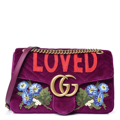Gucci Velvet Matelasse Loved Embroidered Medium GG Marmont Shoulder Bag Fuchsia Violet Cyclamen 1 of 9