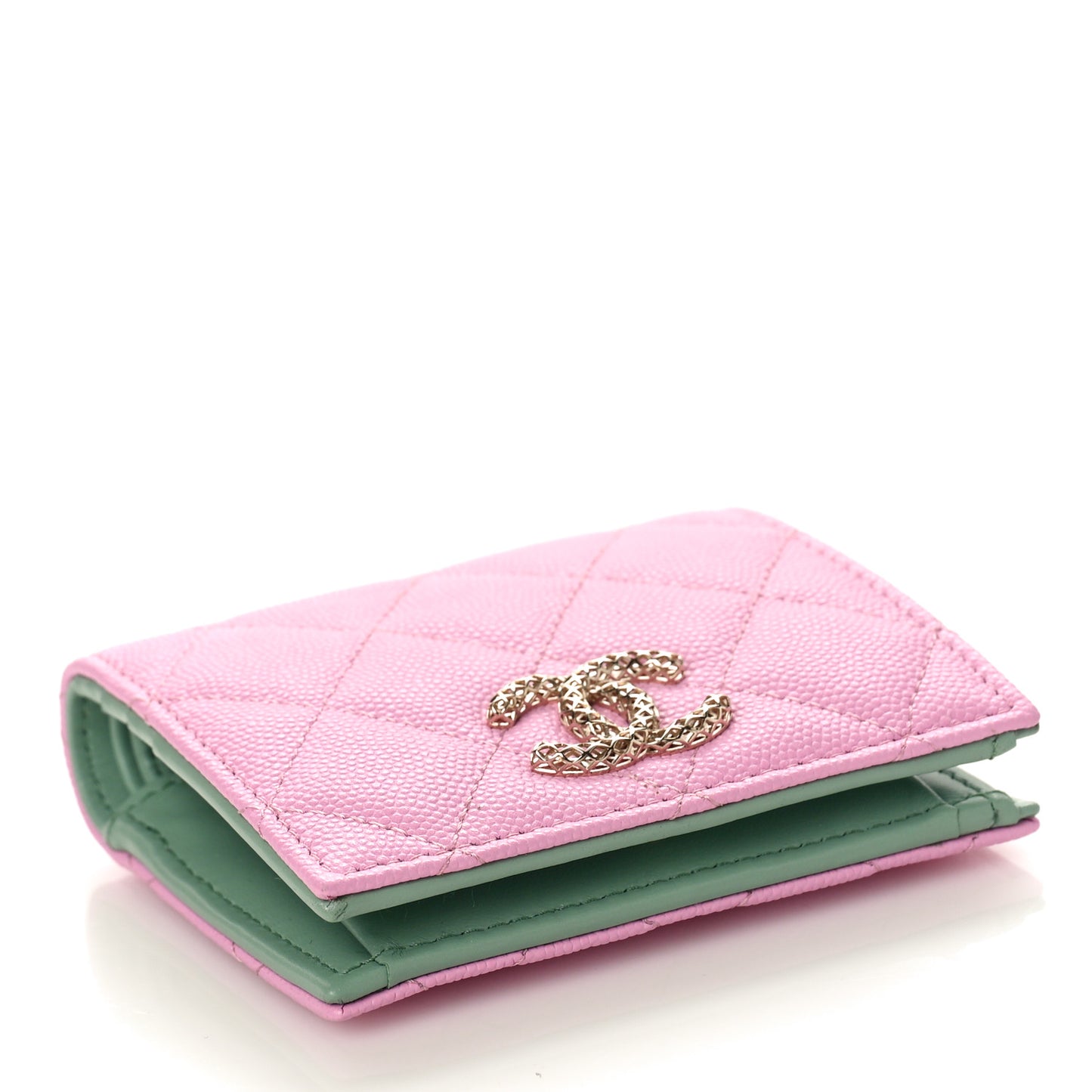 Caviar Metal Perforated Quilted CC Compact Bi-Fold Flap Wallet Lilac Light Green