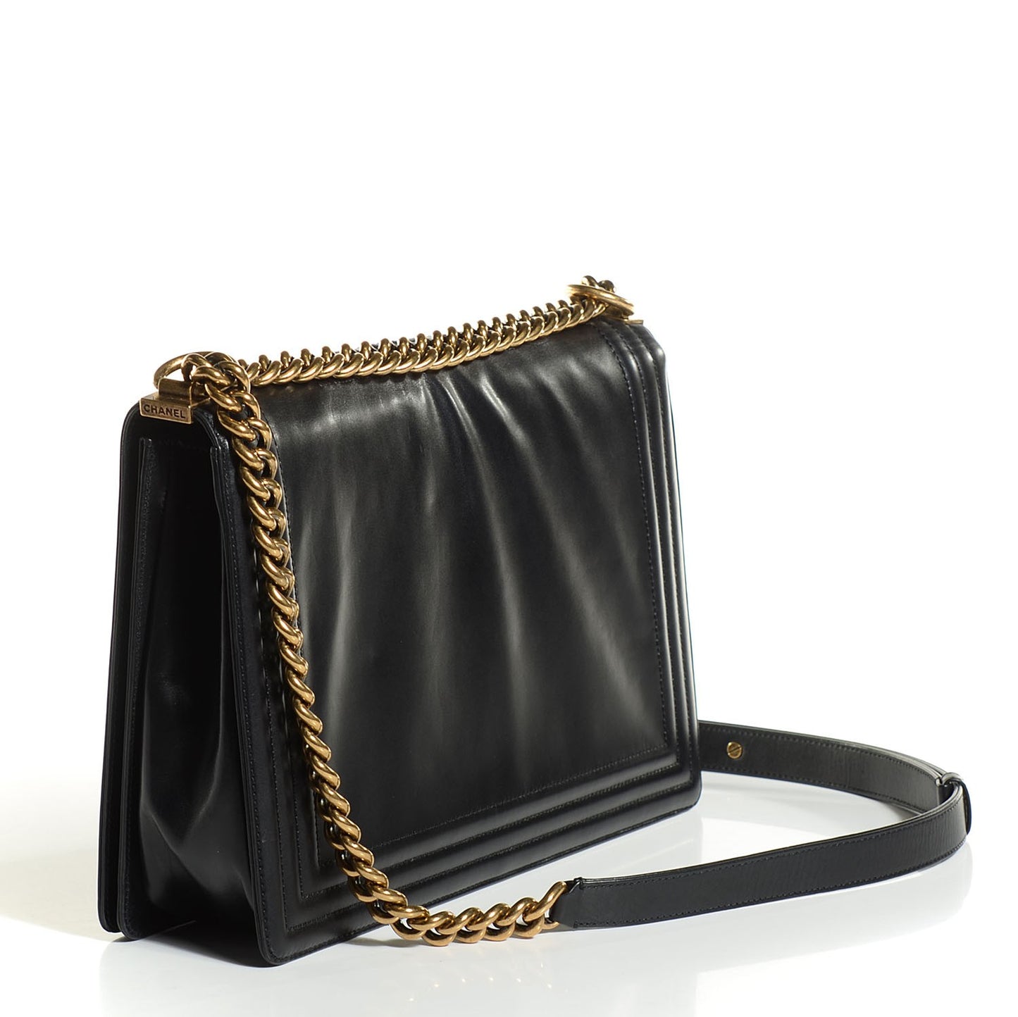 Glazed Calfskin Large Boy Flap Black