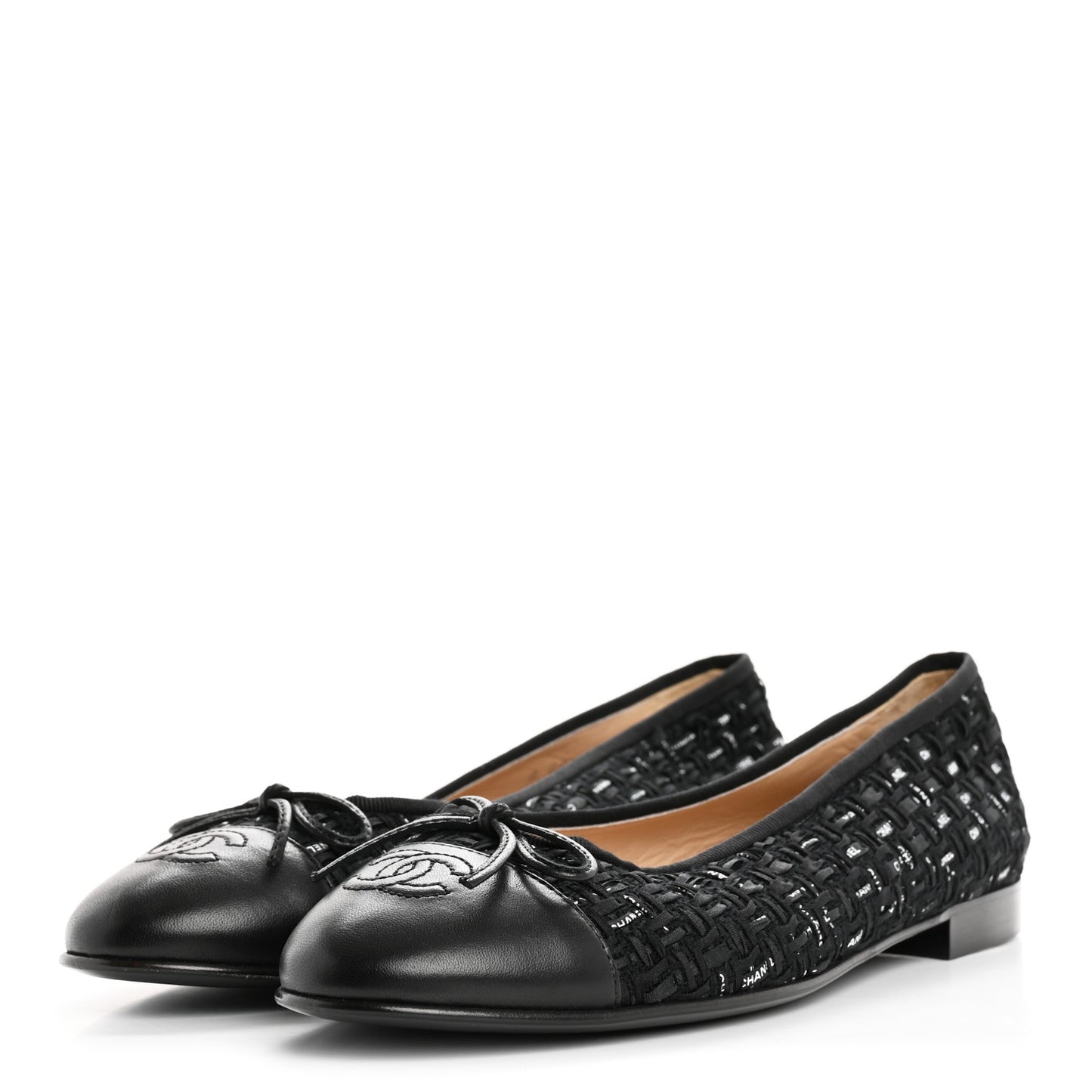 Lambskin Ribbon Tweed Cap Toe Ballet Flats 39.5 Black