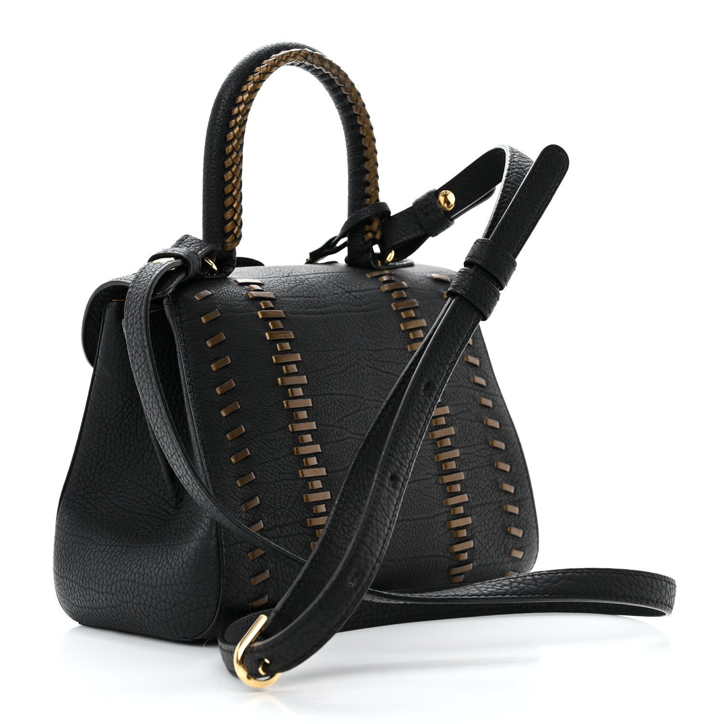 Crispy Calfskin Tribal Stitch Mini Brillant Satchel Black Bronze