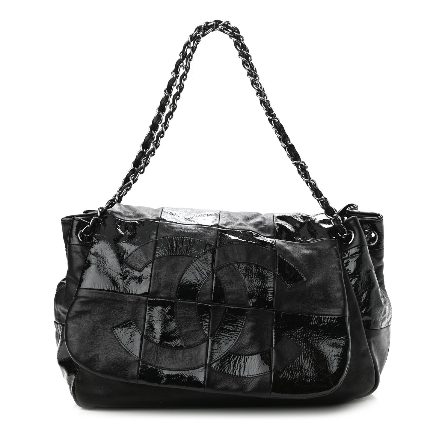 Lambskin Patent Calfskin Brooklyn Patchwork Flap Black