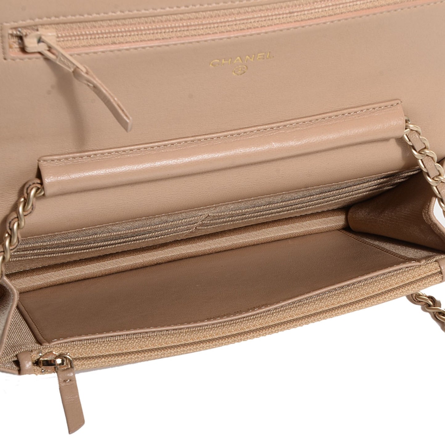 Lambskin Quilted Wallet On Chain WOC Beige Fonce