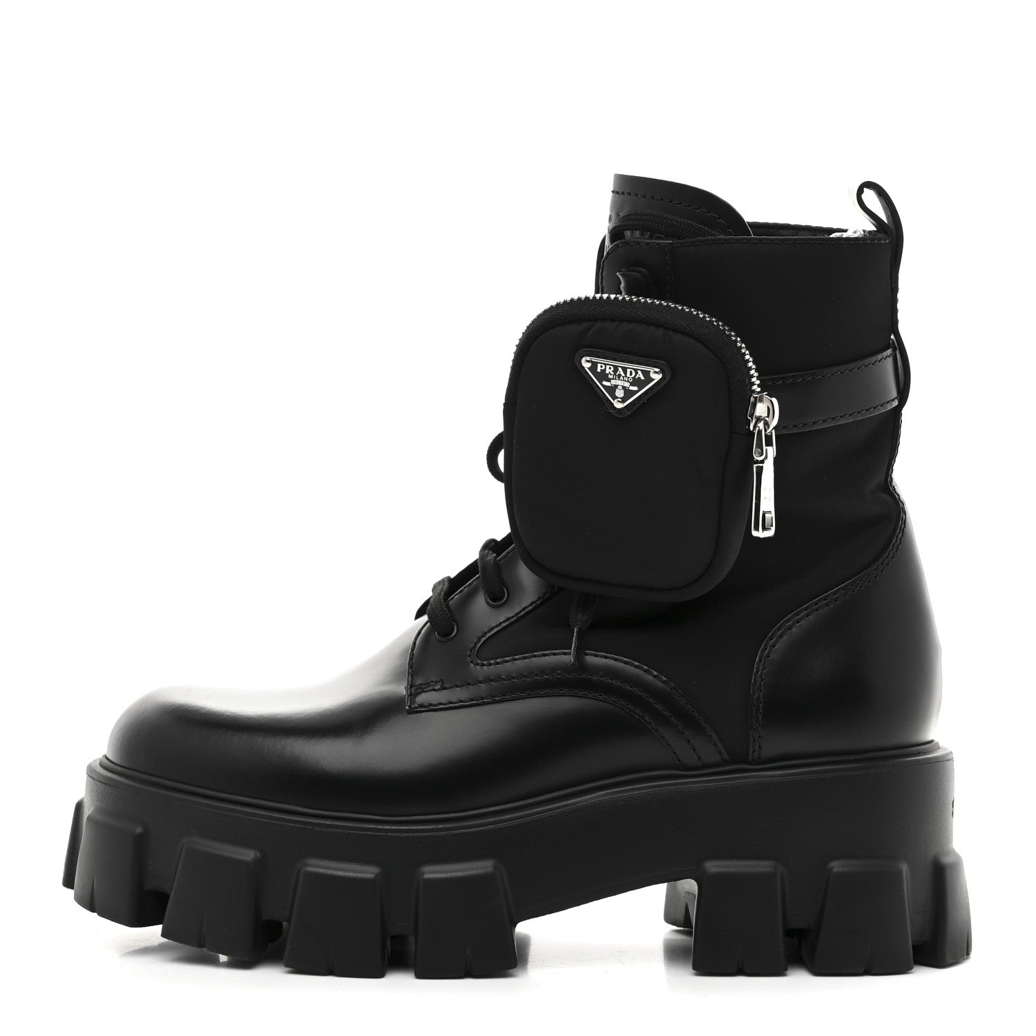 Prada Spazzolato Rois Nylon Metal Triangle Logo Monolith Pouch Pocket 55mm Boots 39 Black 1 of 10