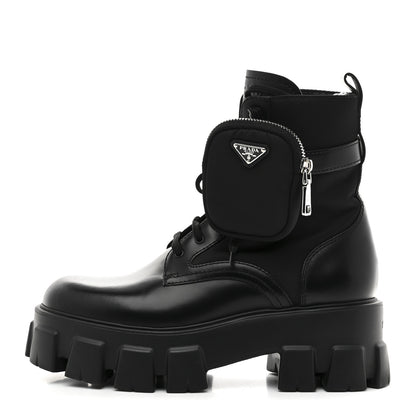 Prada Spazzolato Rois Nylon Metal Triangle Logo Monolith Pouch Pocket 55mm Boots 39 Black 1 of 10