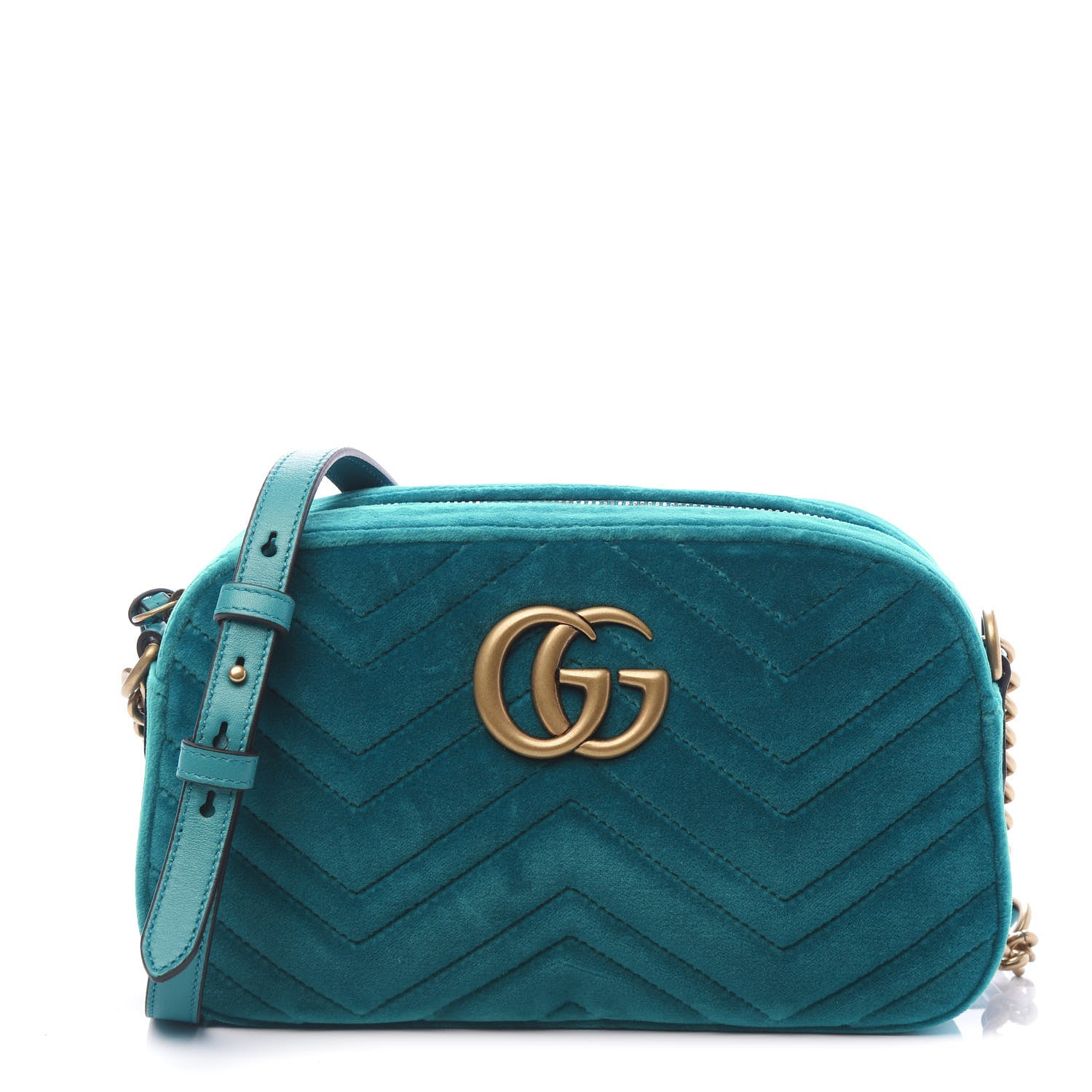 Gucci Velvet Matelasse Small GG Marmont Chain Shoulder Bag Pavone Cyan 1 of 10