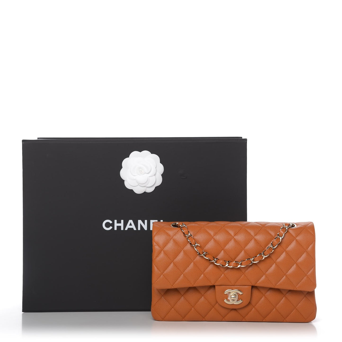 Caviar Quilted Medium Double Flap Light Brown