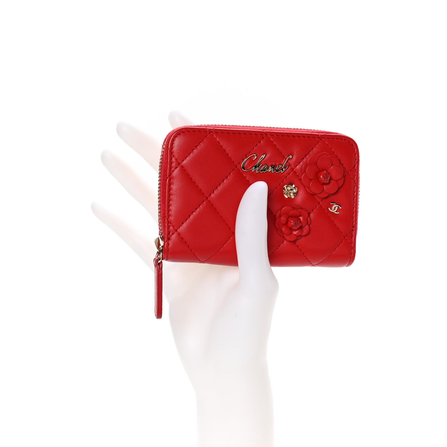 Lambskin Quilted Camellia Zip Coin Purse Red
