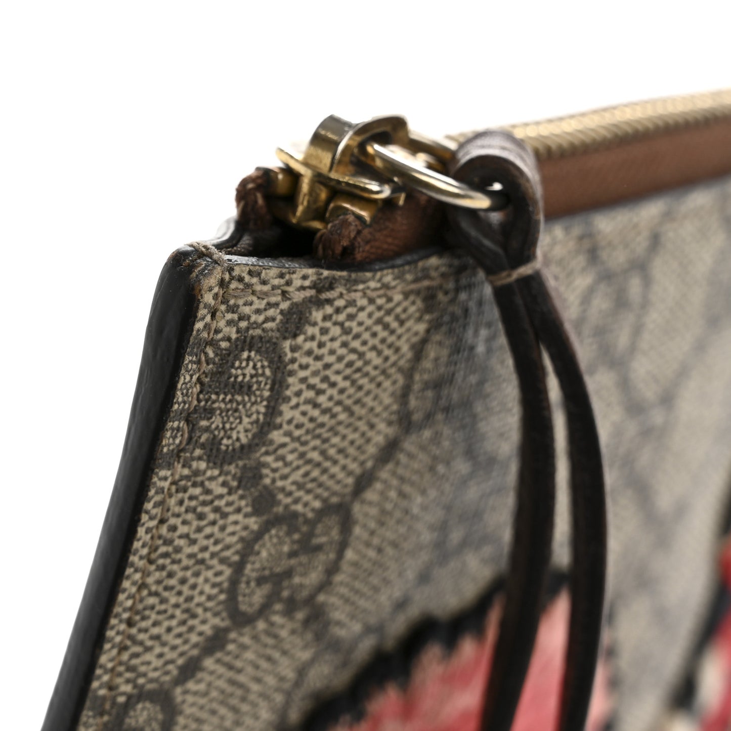 GG Supreme Monogram Web Kingsnake Embroidered Large Zip Pouch Brown