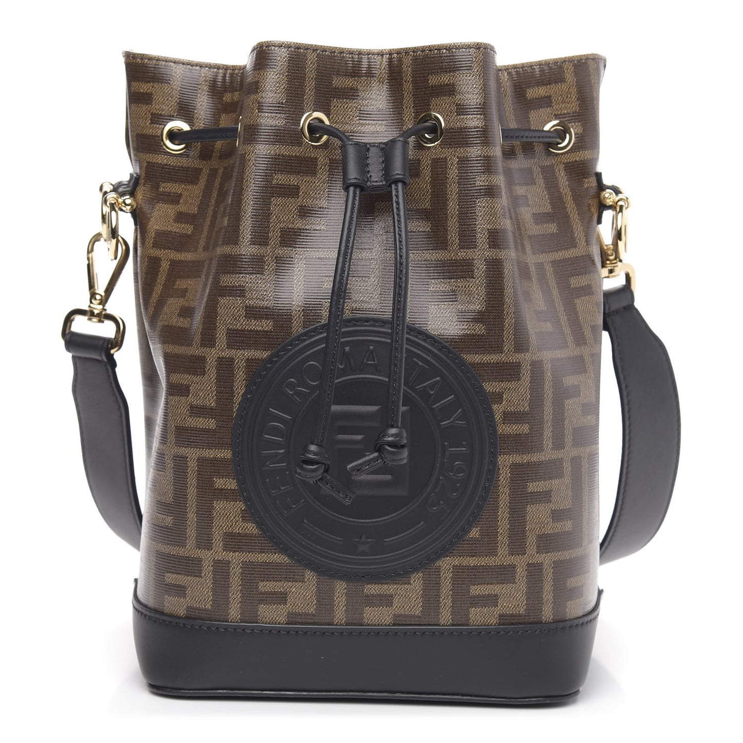 Glazed Fabric Vitello Grace F is Fendi FF 1974 Stamp Patch Grande Mon Tresor Bucket Bag Mogano Panna Black