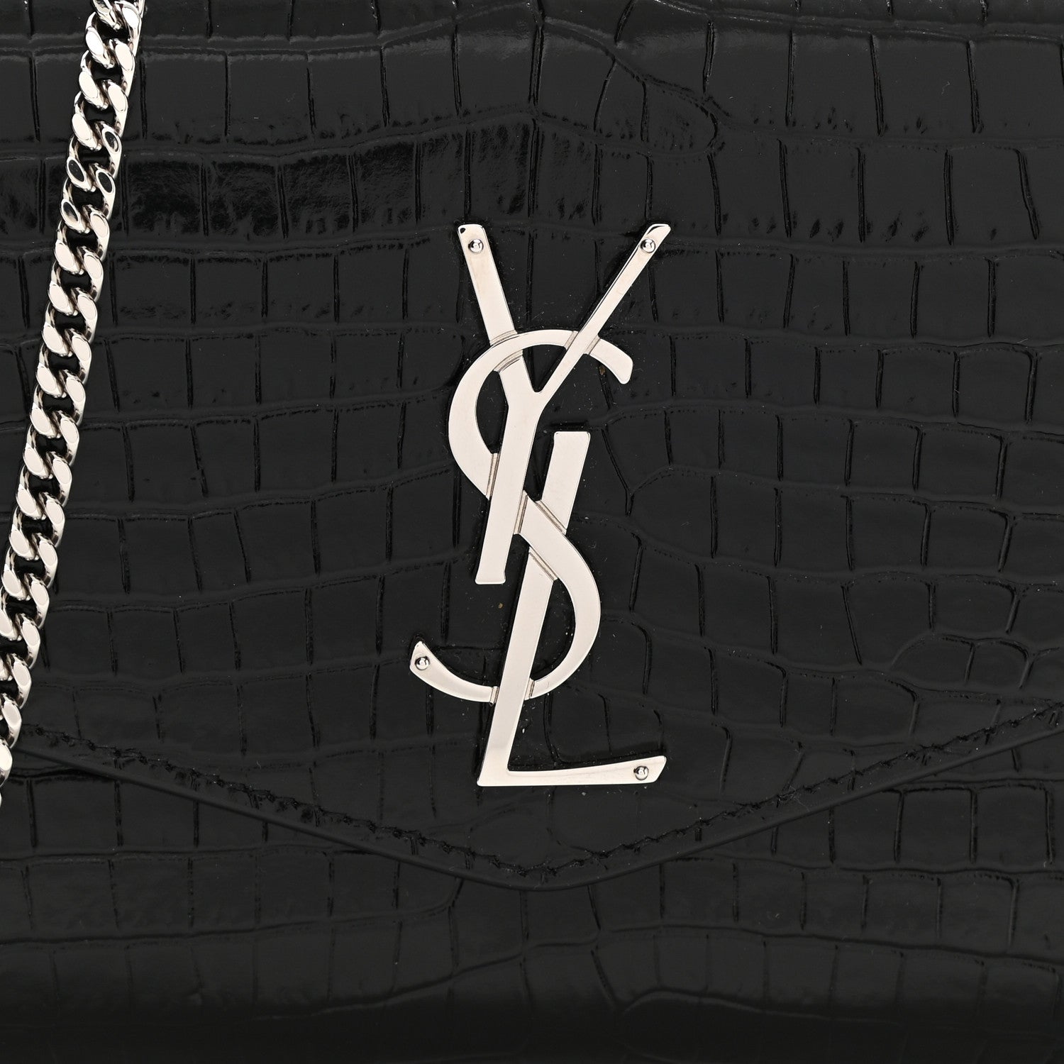Saint Laurent Calfskin Crocodile Embossed Monogram Uptown Chain Wallet Black 11 of 14