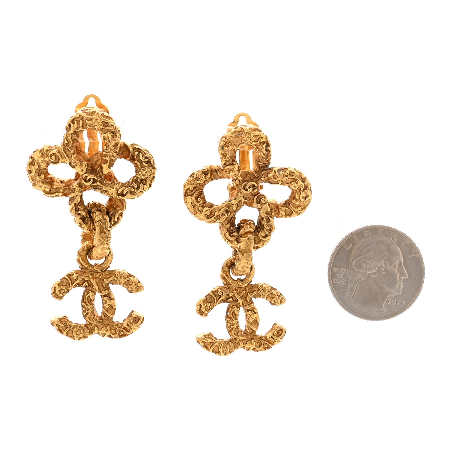 Chanel Large CC Clover Drop Clip On Earrings Gold 2 of 4