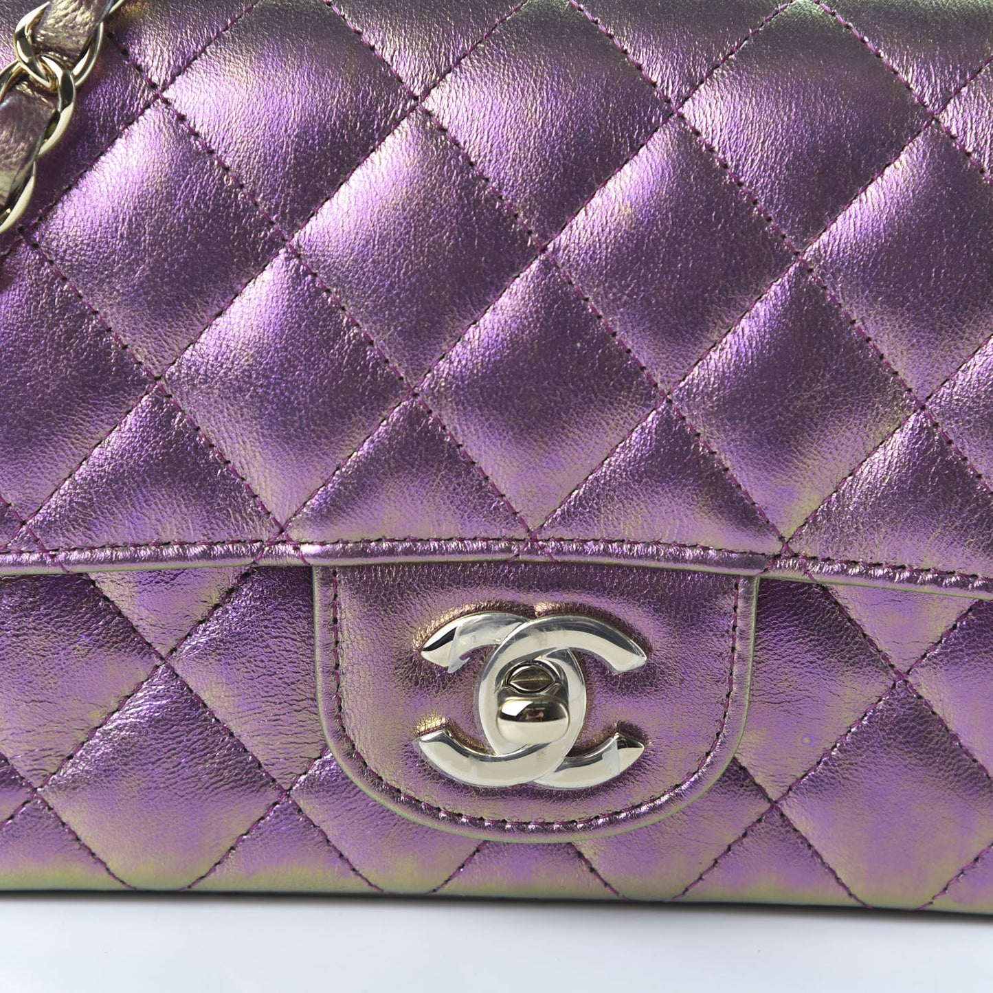 Iridescent Lambskin Quilted Mini Rectangular Flap Purple