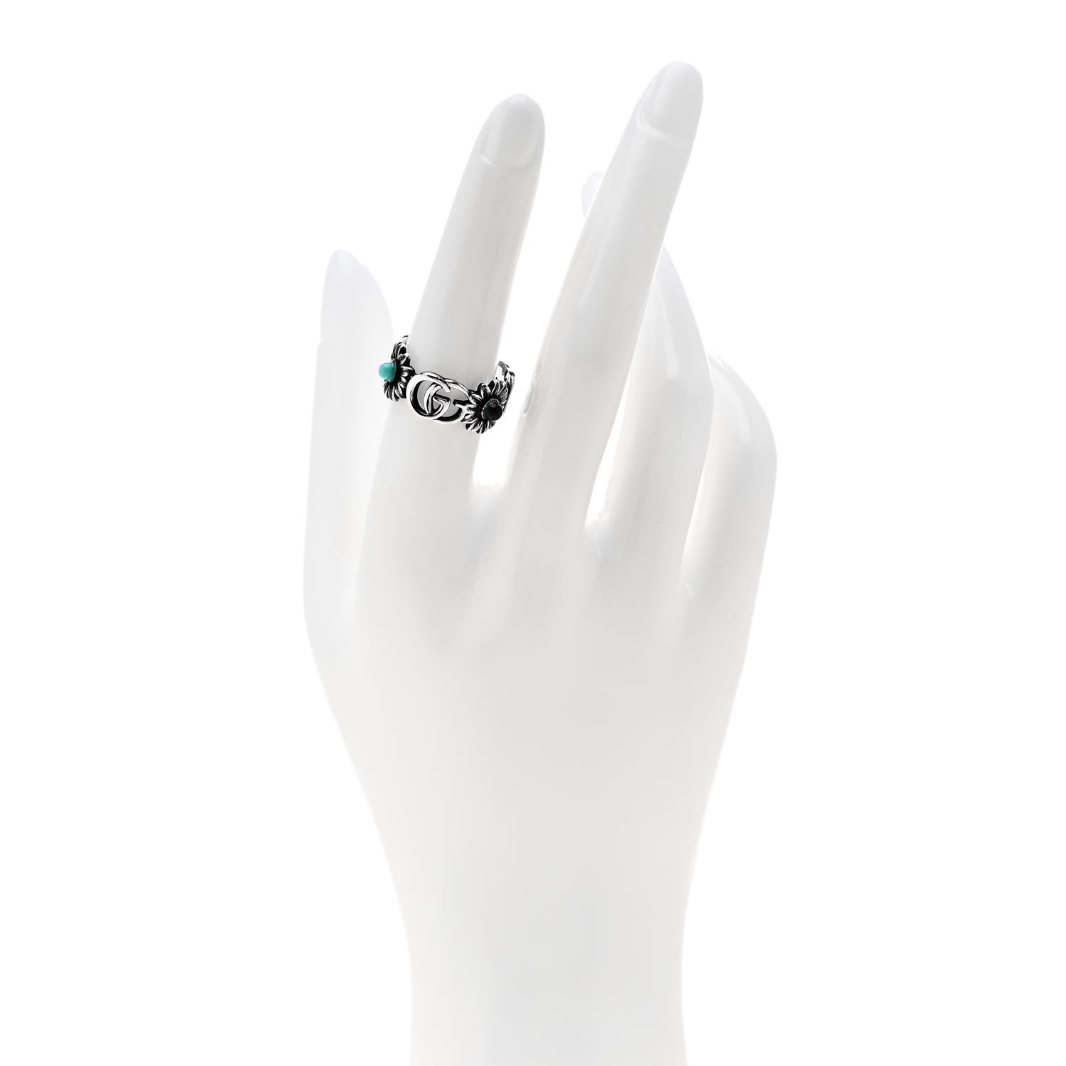 Gucci Sterling Silver Mother of Pearl Blue Topaz Flower Marmont Double G Ring 53 6.5 2 of 7