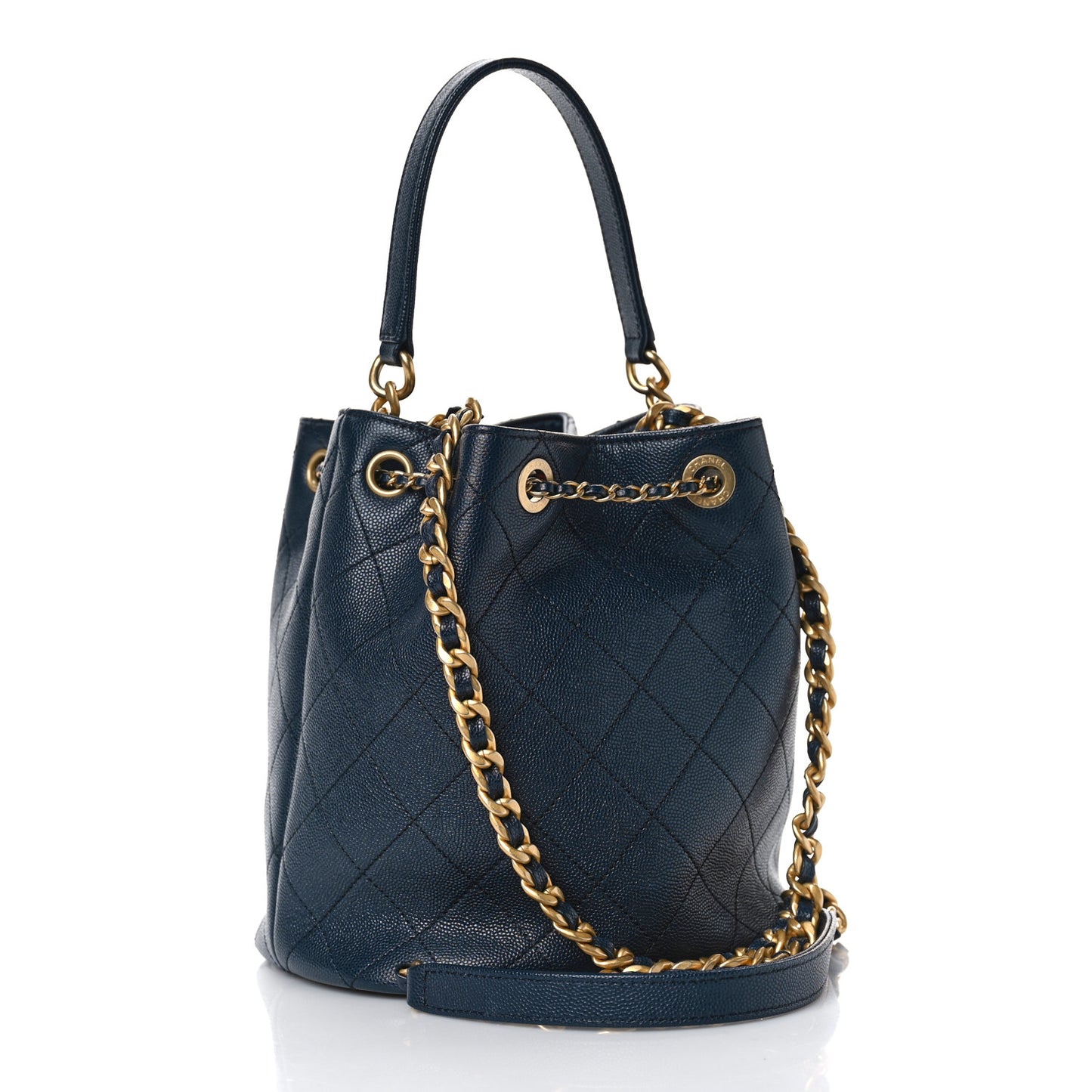 Caviar Quilted Fashion Therapy Bucket Drawstring Bag Navy