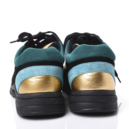 Chanel Fabric Calfskin Suede CC Womens Sneakers 38.5 Black Turquoise Gold 7 of 11