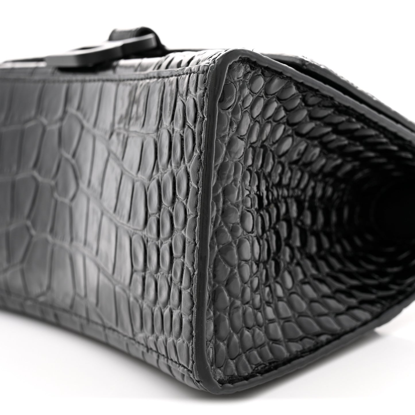 Shiny Calfskin Monochrome Crocodile Embossed Small Hourglass Top Handle Bag Black