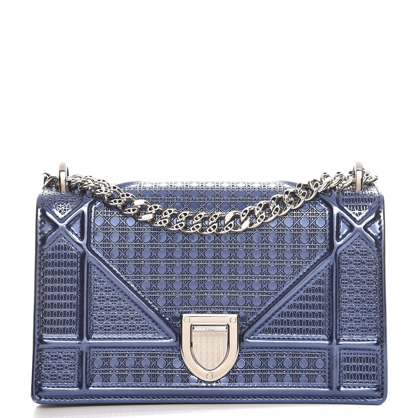 Metallic Patent Micro-Cannage Mini Diorama Flap Bag Blue