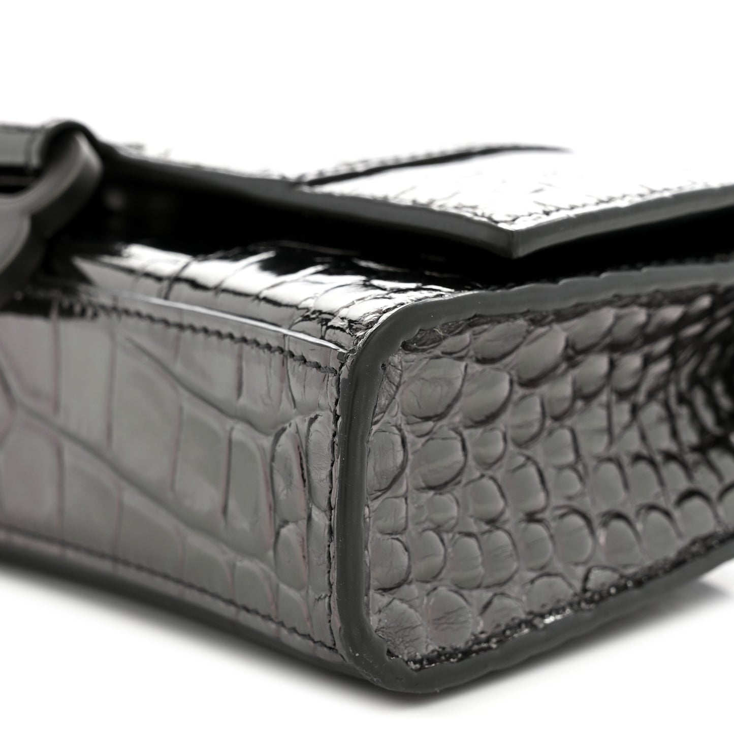 Shiny Metallic Calfskin Crocodile Embossed Hourglass Chain Bag Gunmetal