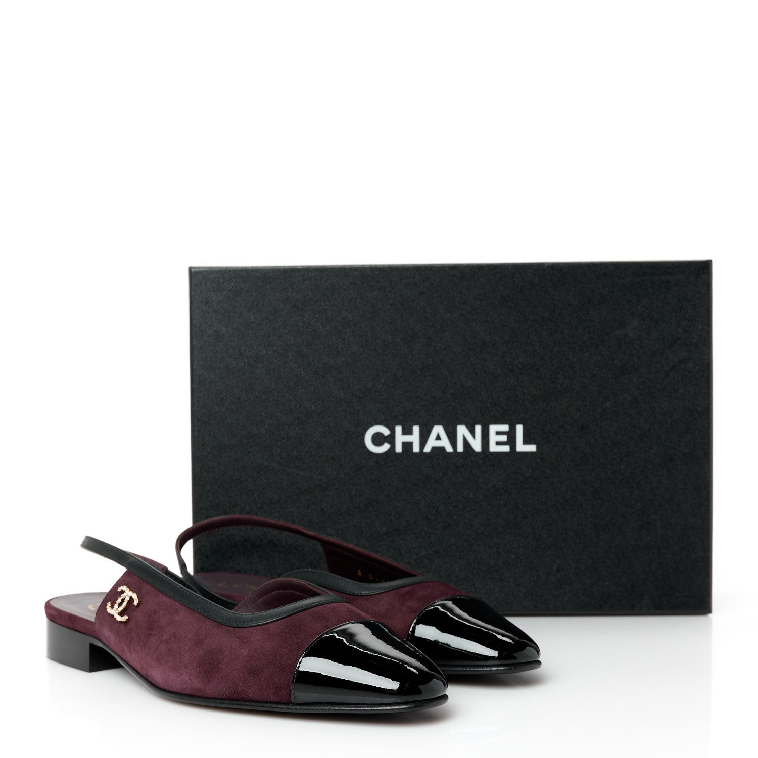 Chanel Suede Patent Crystal CC Cap Toe Slingback Flats 37.5 Burgundy Black 11 of 11
