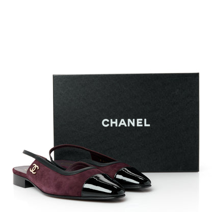 Chanel Suede Patent Crystal CC Cap Toe Slingback Flats 37.5 Burgundy Black 11 of 11