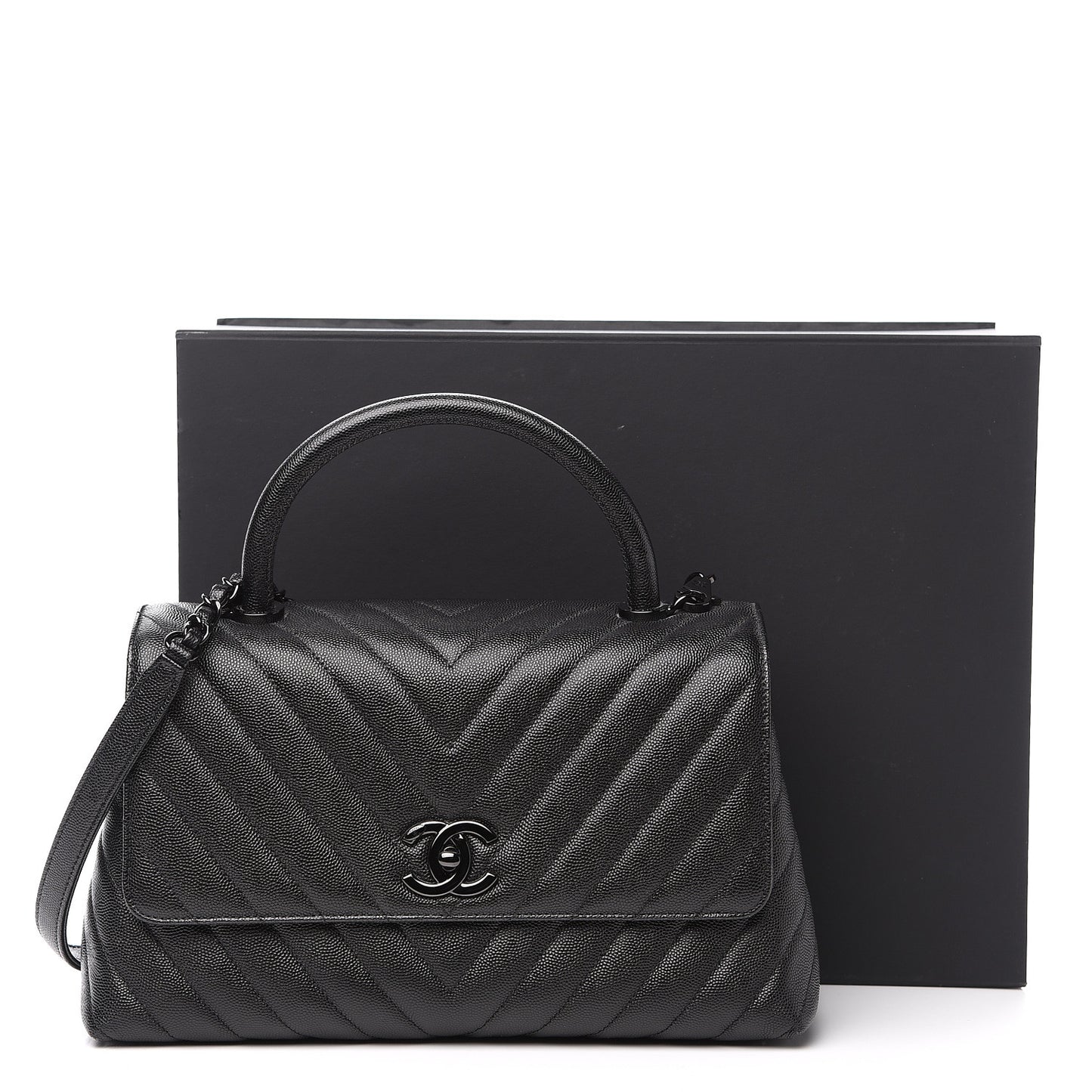 Caviar Chevron Quilted Small Coco Handle Flap So Black