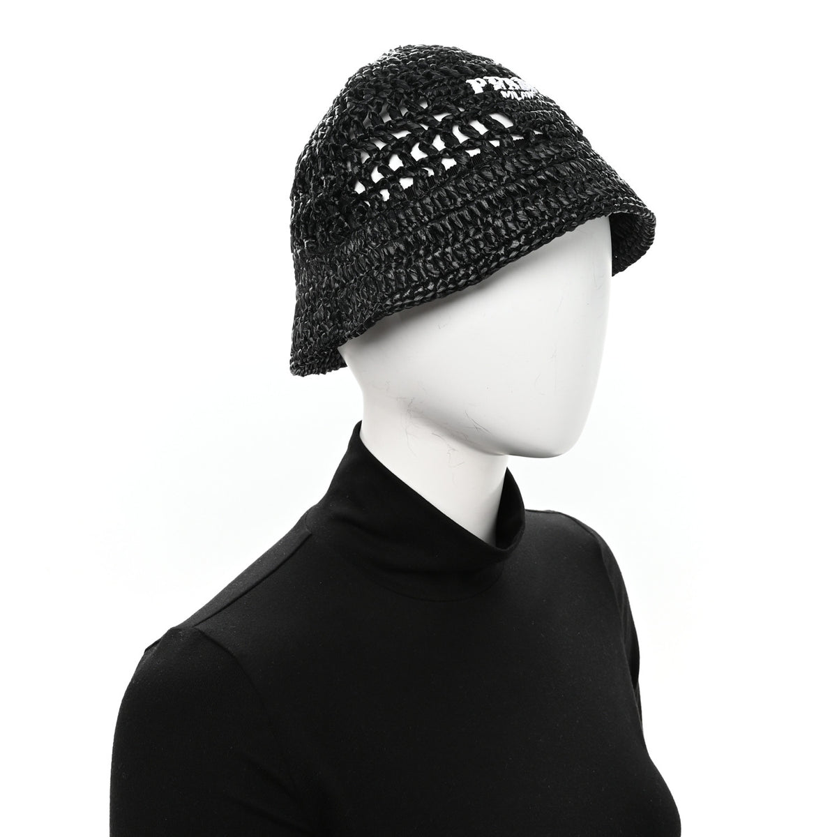Yarn Raffia Effect Crochet Logo Embroidered Womens Bucket Hat S Black