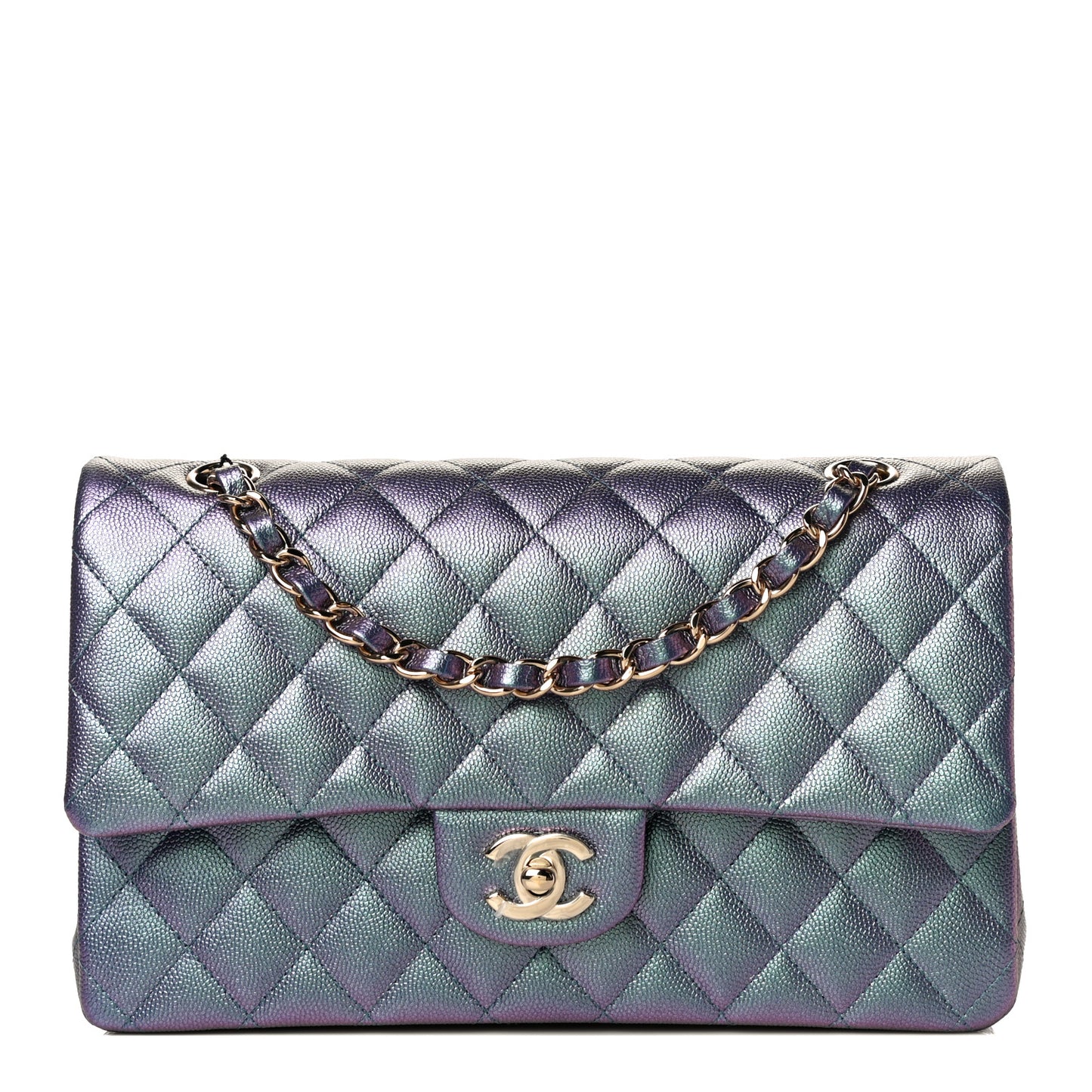 Iridescent Caviar Quilted Medium Double Flap Dark Blue