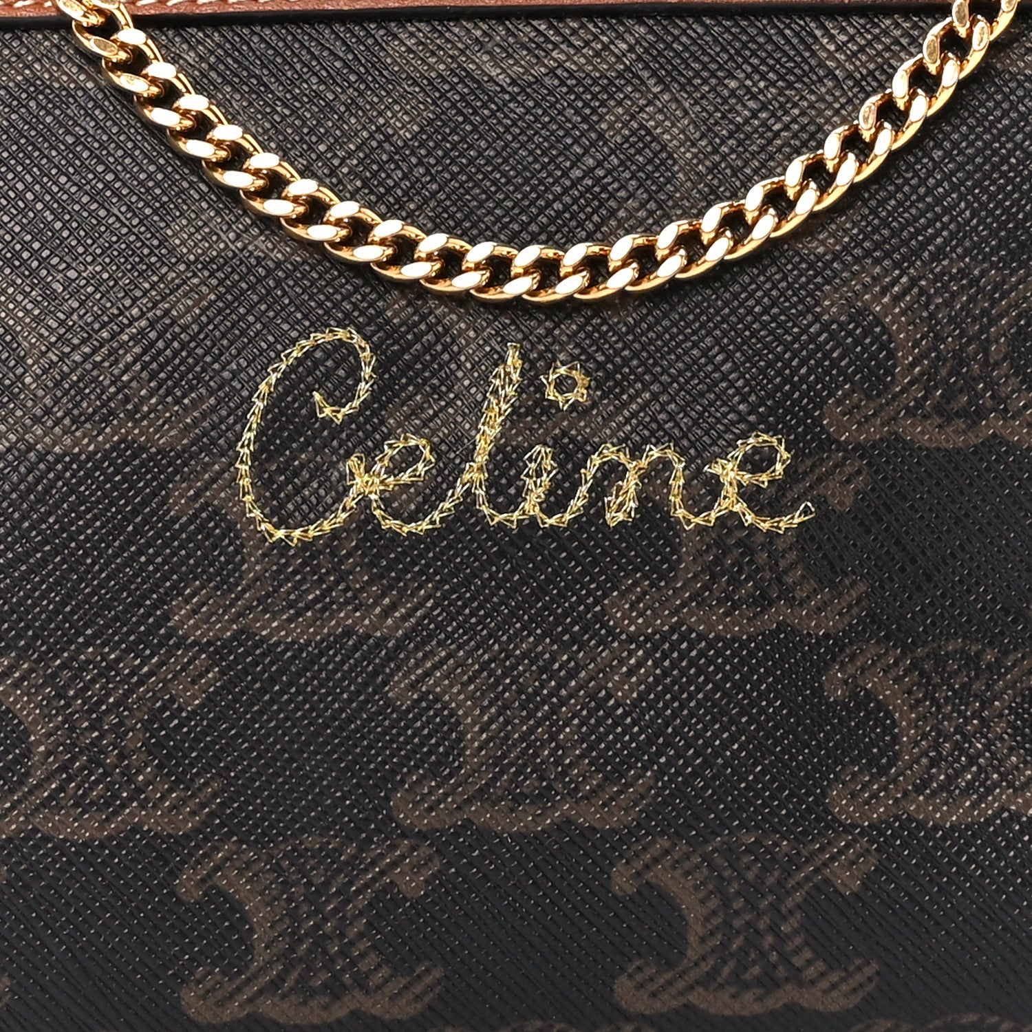 Celine Lambskin Triomphe Canvas Embroidered Logo Clutch With Chain Tan 7 of 10