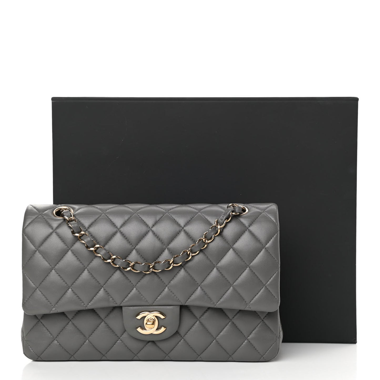 Lambskin Quilted Medium Double Flap Dark Grey