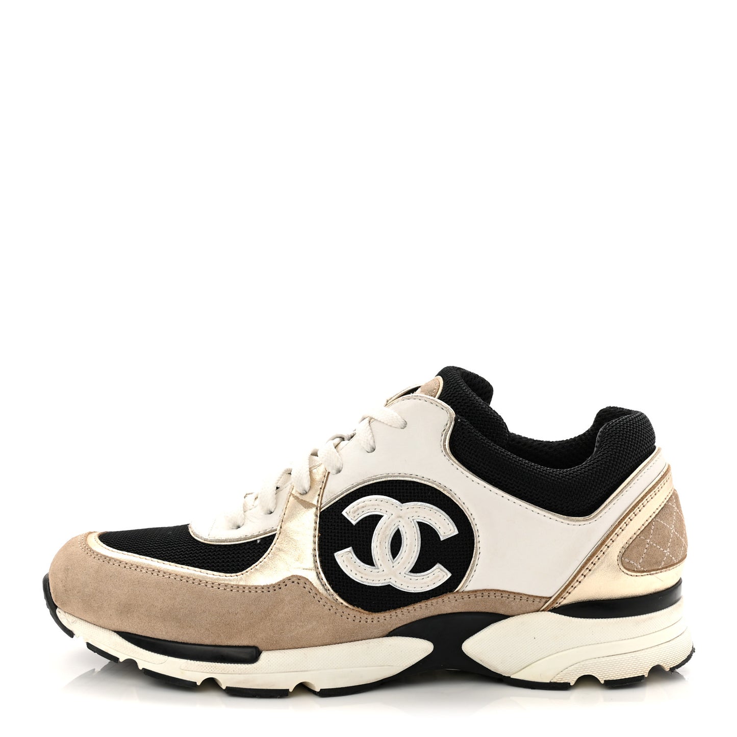 Mesh Suede Calfskin Grained Calfskin Womens CC Sneakers 41 White Black Beige Gold