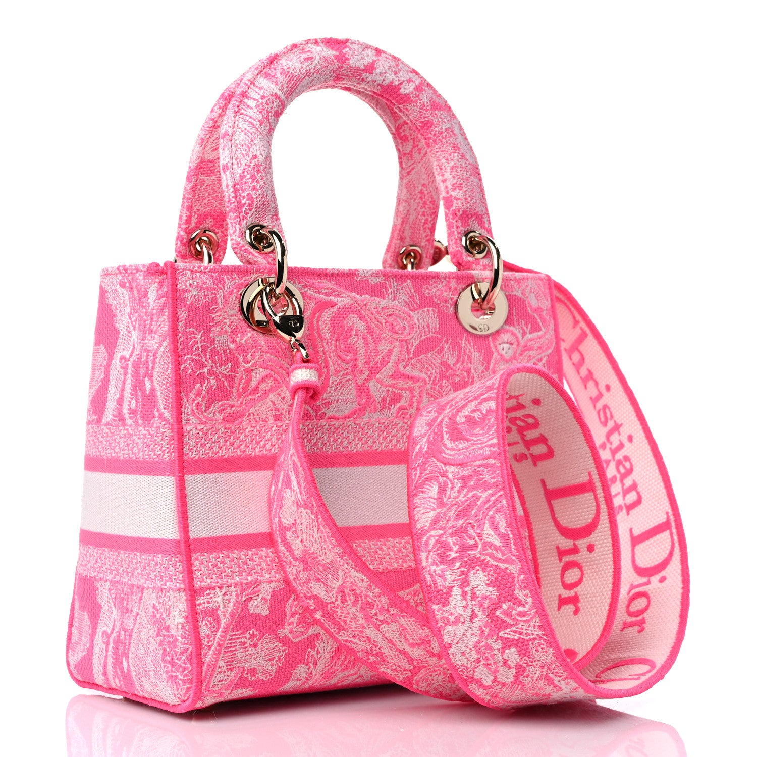 Christian Dior Canvas Toile De Jouy Reverse Embroidered Medium Lady D-Lite Fluorescent Pink 3 of 9