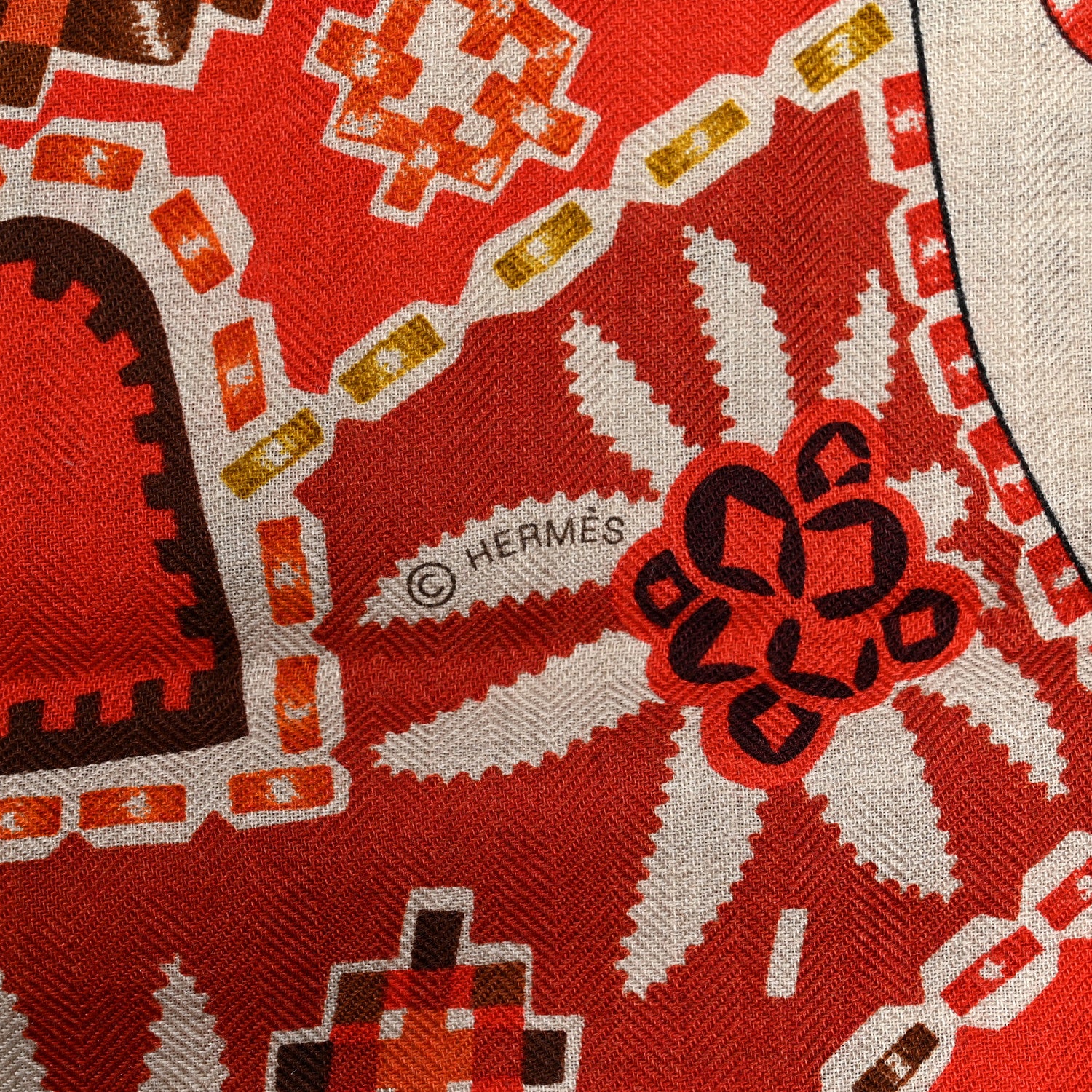 Hermes Cashmere Silk En Attendant Ulysses Shawl 140 Naturel Orange Brun 6 of 6