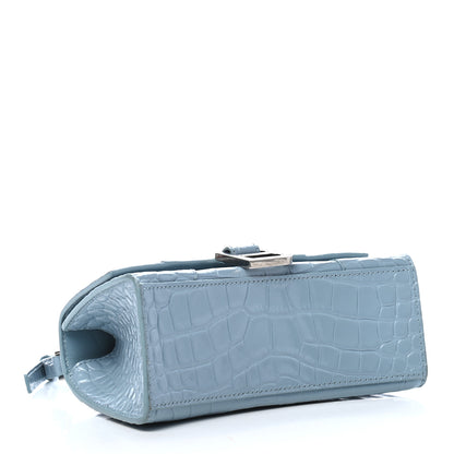 Balenciaga Shiny Calfskin Crocodile Embossed Hourglass Top Handle Bag XS Blue Grey 4 of 8