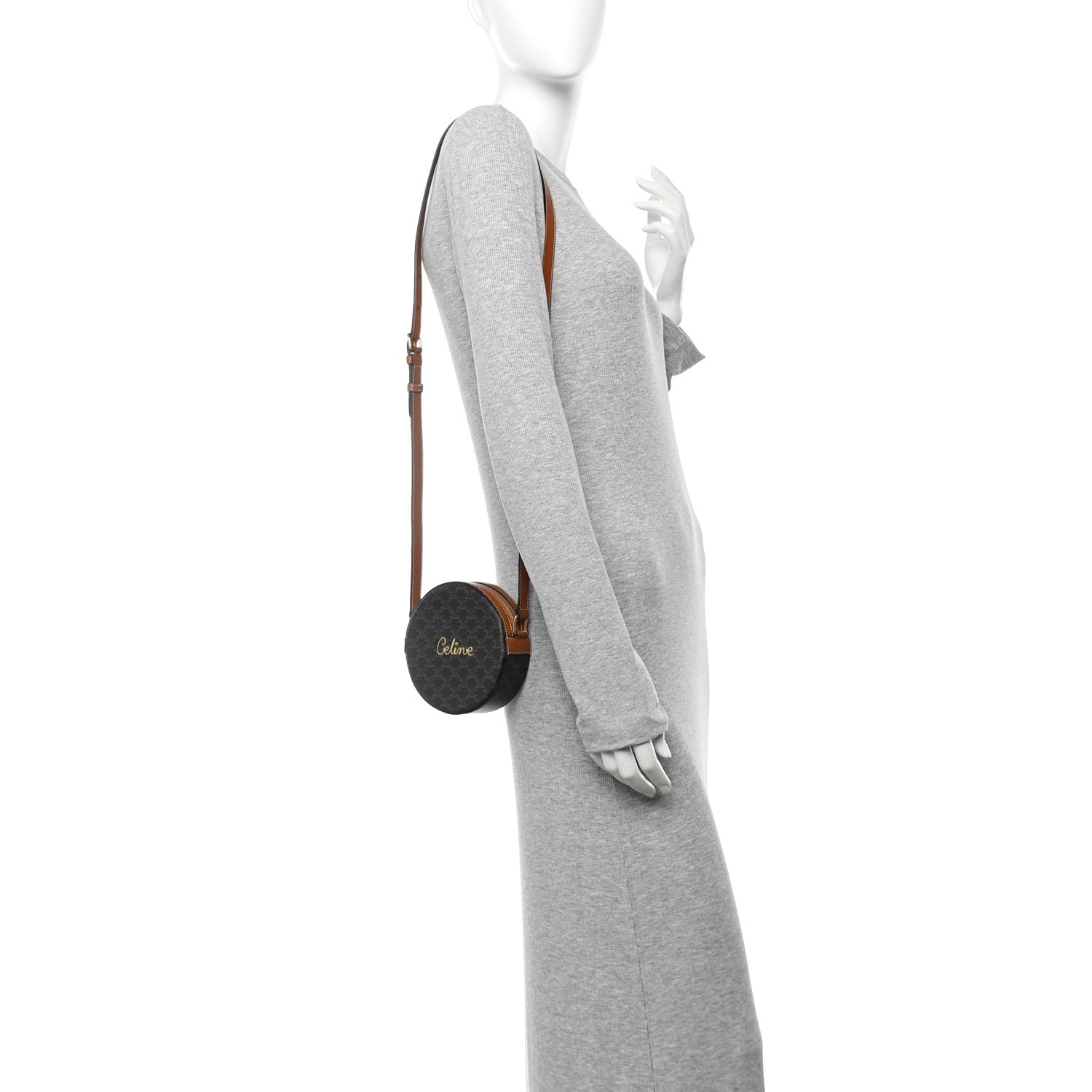 Celine Triomphe Canvas Embroidered Logo Round Purse On Strap Black Tan 2 of 10