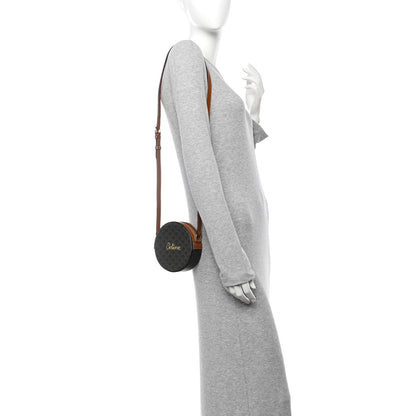 Celine Triomphe Canvas Embroidered Logo Round Purse On Strap Black Tan 2 of 10