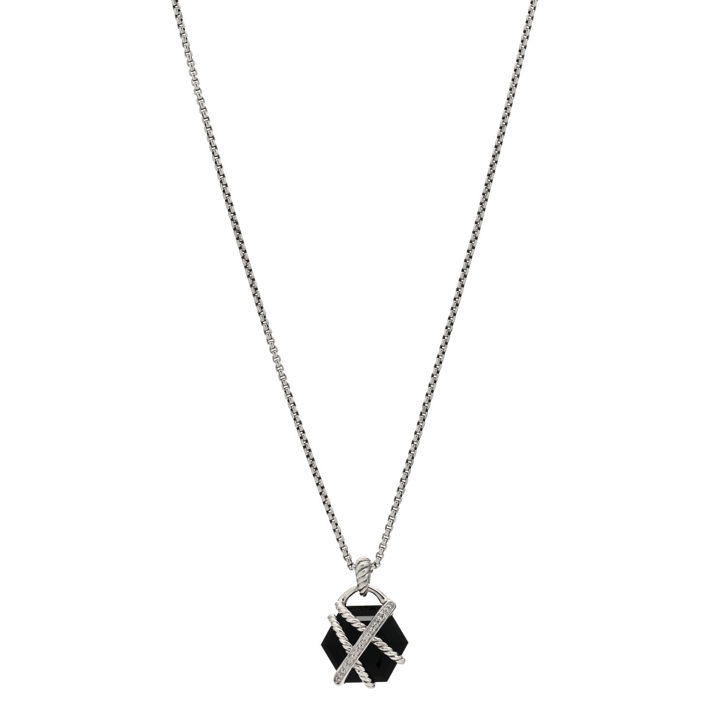 David Yurman Sterling Silver Diamond Black Onyx 16mm Cable Wrap Pendant Necklace 1 of 3