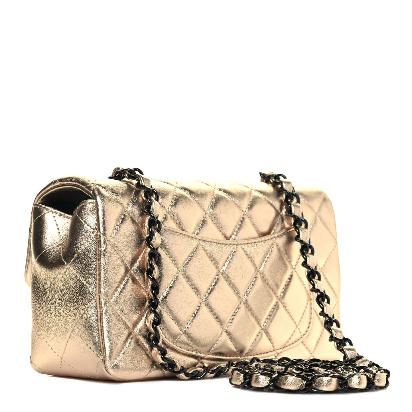 Metallic Lambskin Quilted Mini Rectangular Flap Gold Black