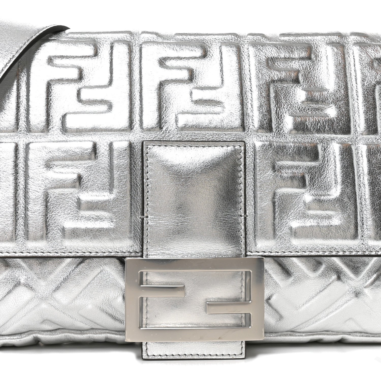 Fendi Vitello Catalan Mirror FF 1974 Embossed Large Baguette Argento 7 of 9