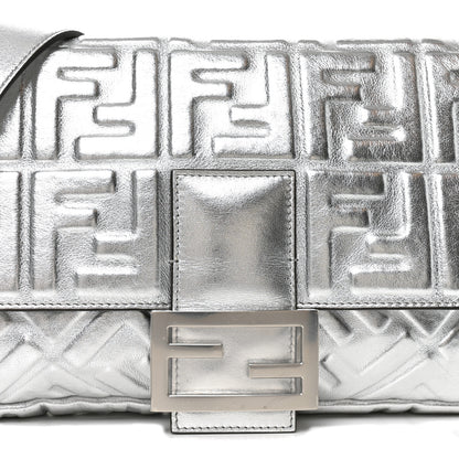 Fendi Vitello Catalan Mirror FF 1974 Embossed Large Baguette Argento 7 of 9