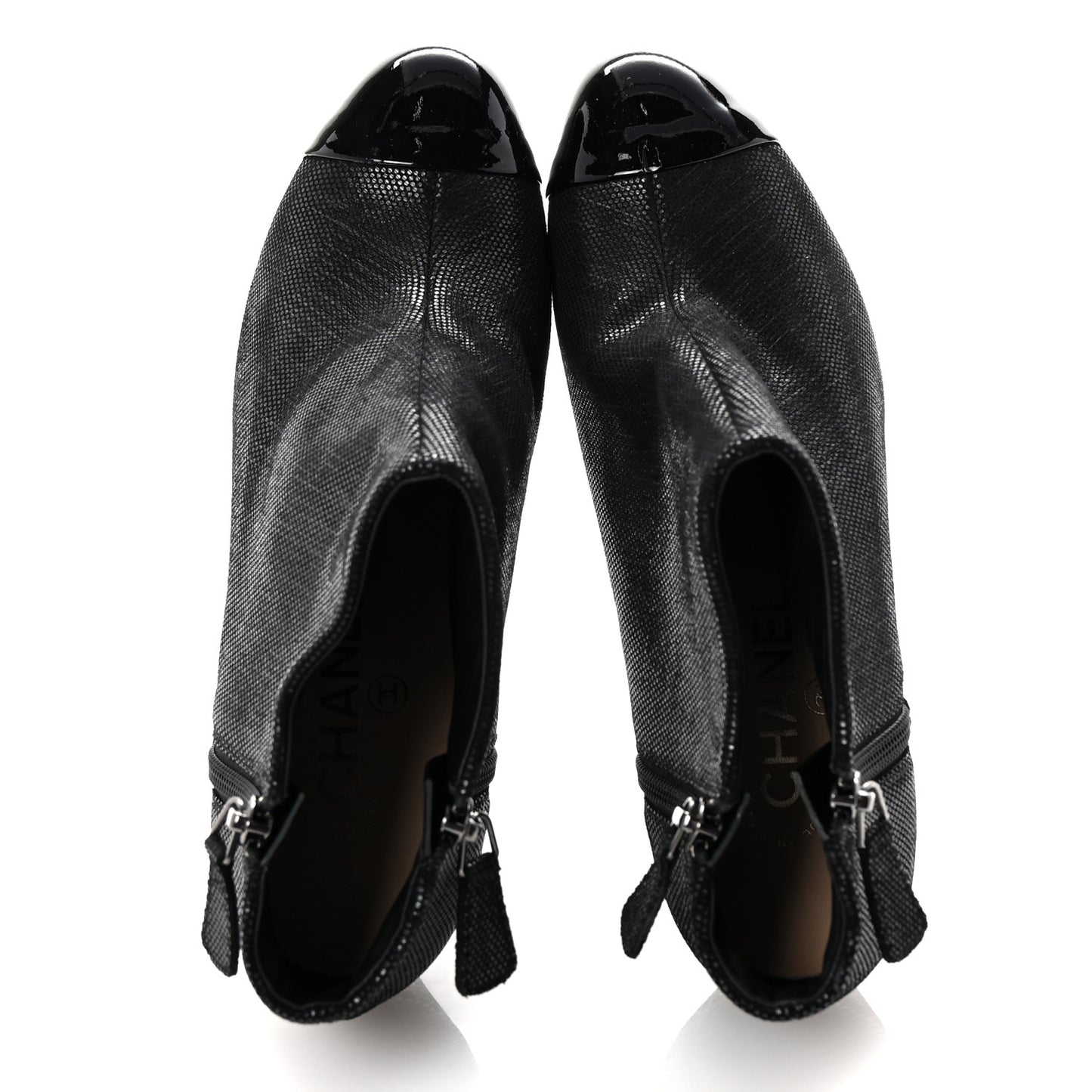 Metallic Tweed Patent Cap Toe CC Ankle Booties 38 Black