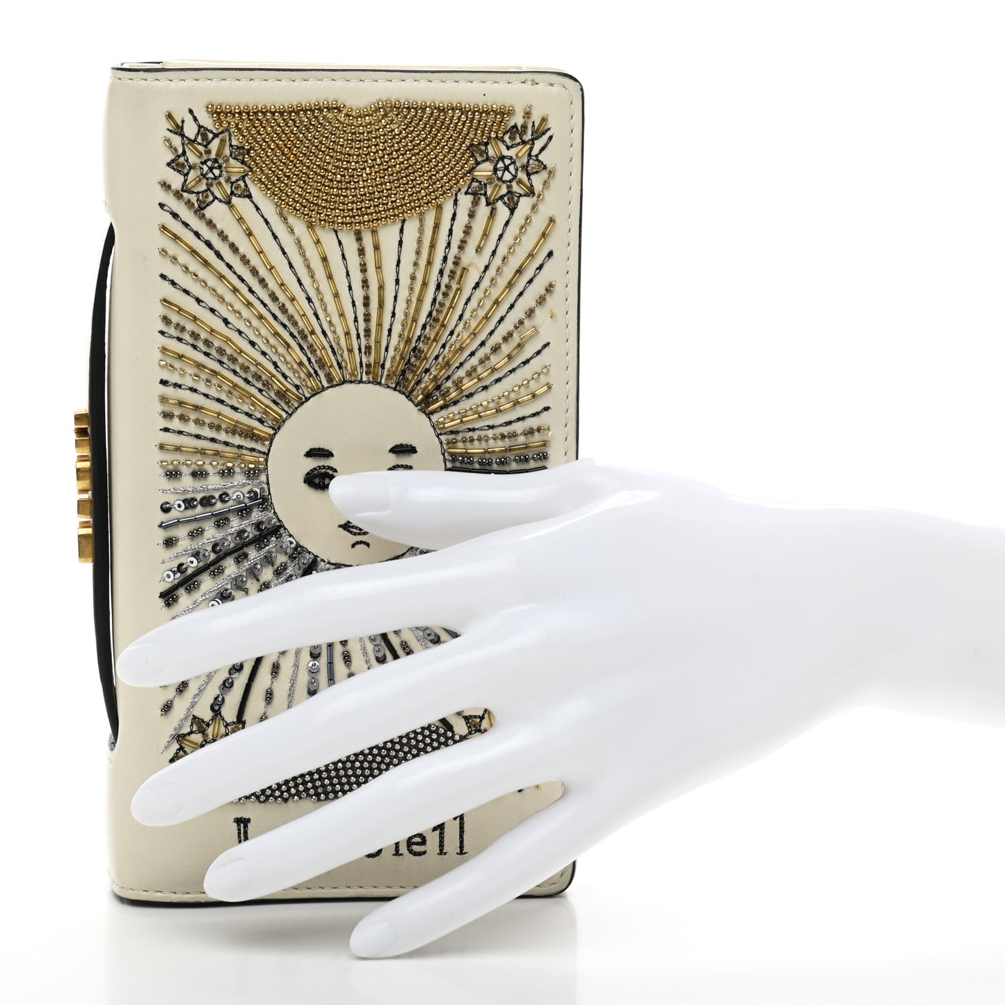 Lambskin Embroidered Le Soleil Tarot Pouch Clutch Latte