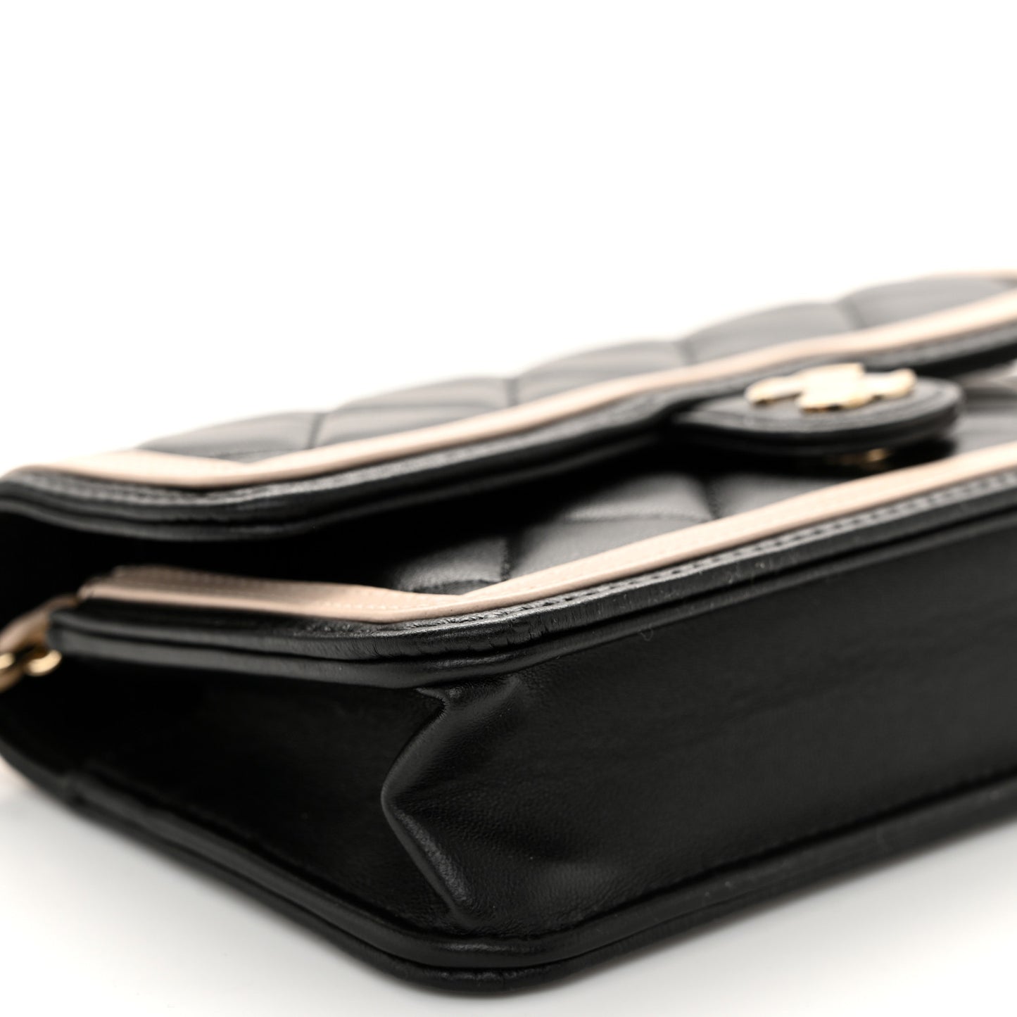 Lambskin Quilted Flap Phone Holder With Chain Black Beige Black Beige