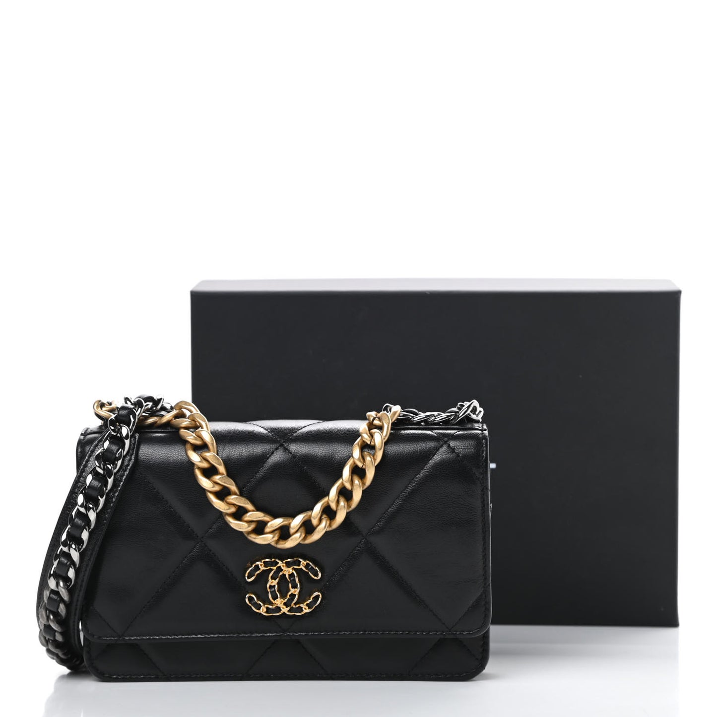 Shiny Goatskin Quilted Chanel 19 Wallet On Chain WOC Black
