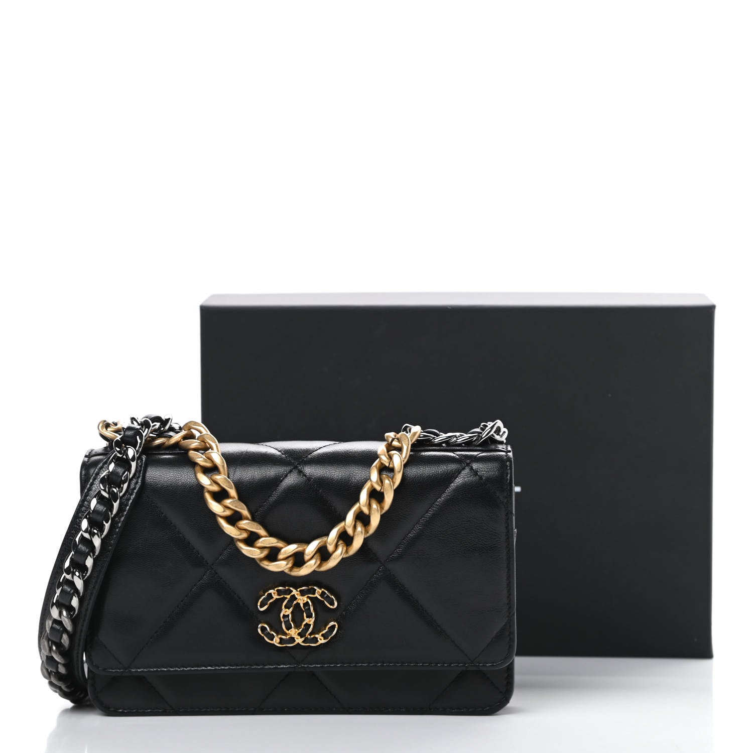Chanel Shiny Goatskin Quilted Chanel 19 Wallet On Chain WOC Black 15 of 15