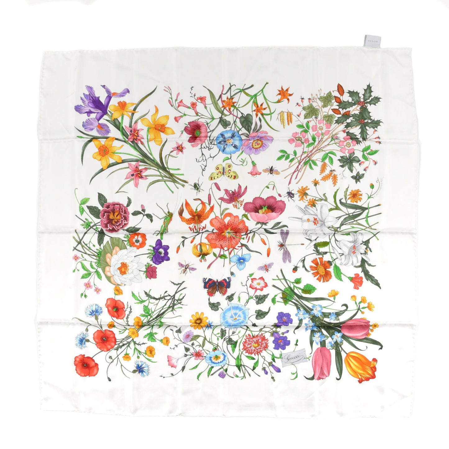 Silk Twill Flora Square Scarf White